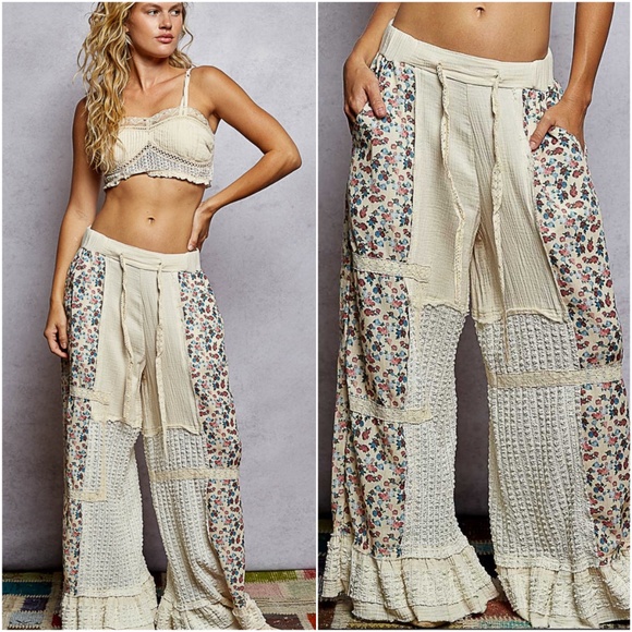 POL Pants - POL Cream Patchwork Wide-Leg Pants with Floral Panels